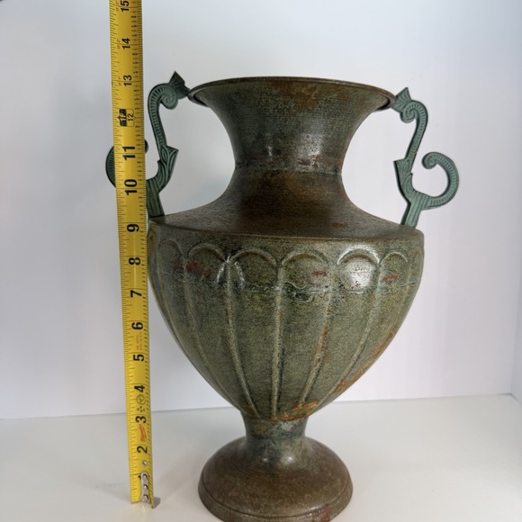 Bronze Tone Metal Urn Jardiniere Vase Handles Pedestal VTG Neoclassical Style - Picture 10 of 12